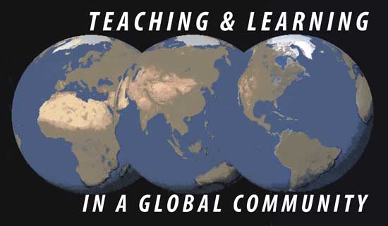 graphic of 3 views of the globe showing different continents, with theme of summit "Teaching & Learning in a Global Community"